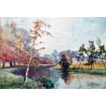 Robert Scott Temple Watercolour River scene with distant cottages, signed lower left, 24.5 x 36cm