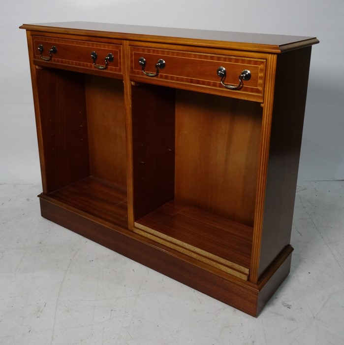 20th century mahogany bookcase, rectangular top of two drawers and adjustable shelves, plinth base