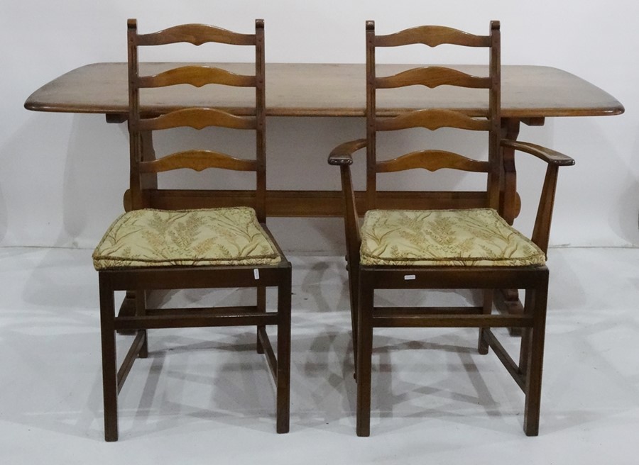 Ercol elm table on trestle style base and six chairs (7) - Image 2 of 2