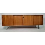 Possibly Florence Knoll Teak sideboard with sliding doors and square sectioned tubular metal