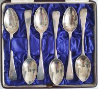 Set of six early 20th century silver teaspoons, of plain form, cased, Sheffield, makers J&R, a set