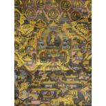 Chinese/Tibetan thangka, centred by seated Buddha with surround of numerous attendants, wild