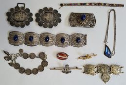 Quantity of silver jewellery to include silver buckles, filigree bracelet, silver and butterfly wing