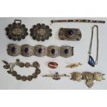 Quantity of silver jewellery to include silver buckles, filigree bracelet, silver and butterfly wing