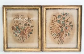 Pair of silk embroidered pictures of bunches of flowers in rectangular gilt frames, 28cm x 22cm (not