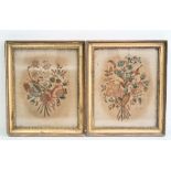 Pair of silk embroidered pictures of bunches of flowers in rectangular gilt frames, 28cm x 22cm (not