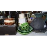 Collection of ceramic planters. a chamberpot, large and small green leaf salad bowls plus large