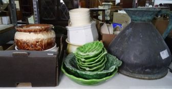 Collection of ceramic planters. a chamberpot, large and small green leaf salad bowls plus large