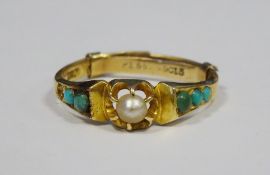 Gold, seedpearl and turquoise ring (gold marks worn, band snapped), 2.3g total  Condition Reportsize