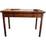 19th century mahogany tea table with single drawer, on square section chamfered supports, 110.5cm
