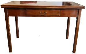 19th century mahogany tea table with single drawer, on square section chamfered supports, 110.5cm