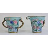 Chinese turquoise ground enamelled two-handled cup and a jug, enamelled with flowering chrysanthemum