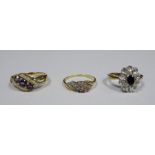9ct gold, diamond and amethyst-coloured stone dress ring set three amethyst-coloured stones with