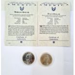 Peace dollar with Liberty to reverse, 1922 with certificate, a Morgan dollar 1889, with