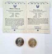 Peace dollar with Liberty to reverse, 1922 with certificate, a Morgan dollar 1889, with