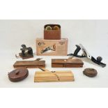 Stanley no.4 bench plane, boxed, a Clark bench plane, surveyors tapes and other woodworking tools