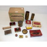 A quantity of assorted tins and a wooden tea box