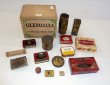 A quantity of assorted tins and a wooden tea box