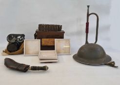 Gurkha Kukri, bugle, Brodie Helmet, gas mask in canvas bag, ammunition box with used 303 bullets (