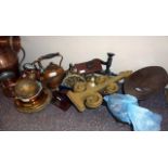 A pair of wooden candle sticks, copper-ware, wooden blotter, brass-ware, door mounts and