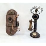 Bakelite sit-up-and-beg telephone converted to table lamp and another wall-mounted vintage telephone