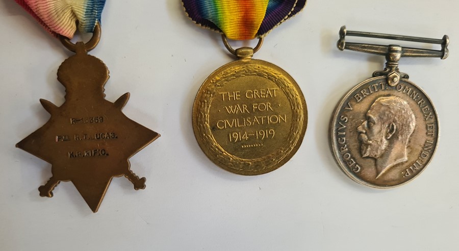 WWI 1914 - 15 Star, Victory medal and War medal, named to 'R-13359. PTE R.T.Lucas K.R.RIF.C'. ' - Image 2 of 2