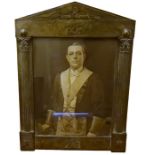 Early 20th century pewter masonic framed portrait, the architectural shaped frame with