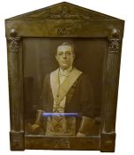 Early 20th century pewter masonic framed portrait, the architectural shaped frame with