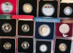 Eighteen various silver proof coins some Pie-forts, eleven GB silver proof crowns, 125 silver