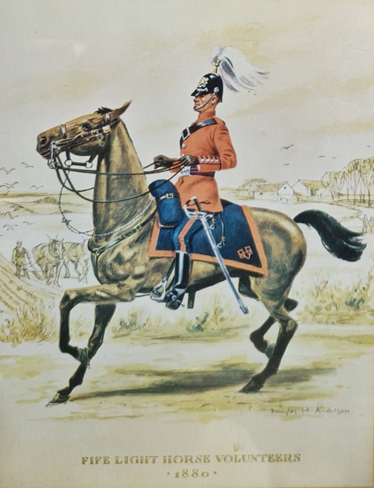 Seven various prints of cavalry on horseback, three other military uniform prints, prints showing