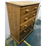 20th century pine chest of two short over four long drawers, on plinth base, 84.5cm x 114cm