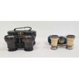 Pair of opera glasses in a blue purse case and another pair of binoculars in a leather case (2)