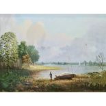 Spencer Stock Pair oils on canvas Lakeside scene with two figures and a sailing boat on shore,