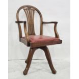 Early 20th century mahogany office swivel chair with carved and pierced backsplats, red leather