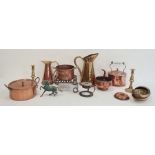 Copper-covered saucepan, pair of brass candlesticks and quantity of copper and brass items