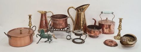 Copper-covered saucepan, pair of brass candlesticks and quantity of copper and brass items