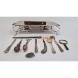 Serving hot plate, assorted silver plated flatware, scissors, etc