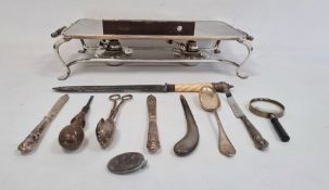 Serving hot plate, assorted silver plated flatware, scissors, etc