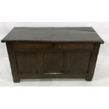 18th century oak coffer, the rectangular top with moulded edge above three plain panels to the