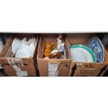 Four boxes of mixed ceramics and glass including two large meat plates, model figures, blue glass