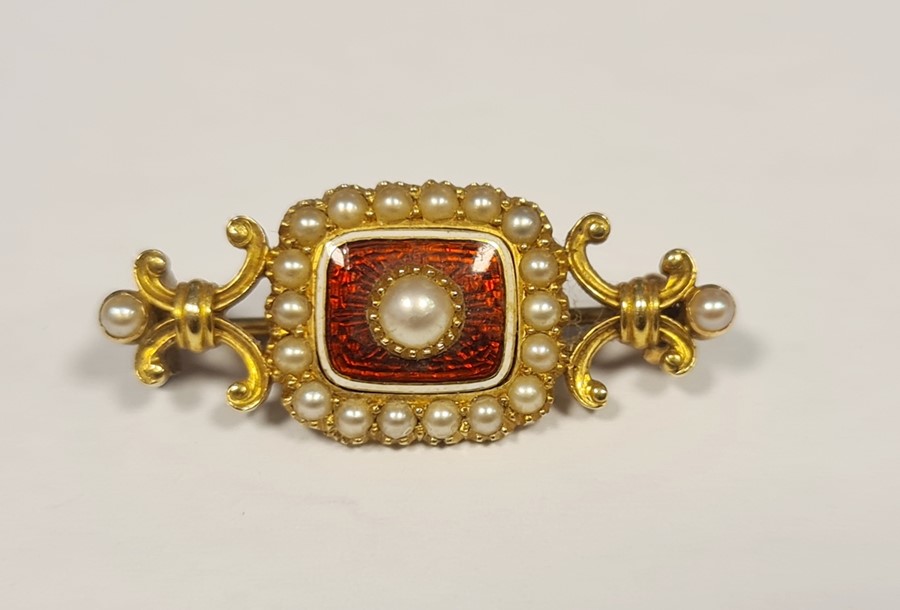 Gold(?), red enamel and seedpearl mourning brooch (unmarked)