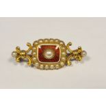 Gold(?), red enamel and seedpearl mourning brooch (unmarked)