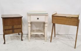 White painted bedside table with single drawer, a walnut work table and a sewing box (3)
