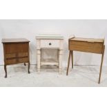 White painted bedside table with single drawer, a walnut work table and a sewing box (3)