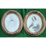 Pair Victorian watercolour drawings Half-length portrait of lady seated wearing necklace, blue