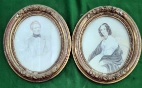 Pair Victorian watercolour drawings Half-length portrait of lady seated wearing necklace, blue