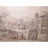 Flemish school  (16th/17th century(?)) Pen, ink and wash Busy town scene with figures, horses and