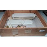 Vintage box containing white ceramic door plates, brass door handles, etc