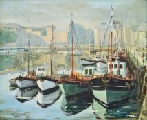 R Fleming (late 20th century school) Oil on canvas Harbour scene with fishing boats, signed lower