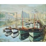 R Fleming (late 20th century school) Oil on canvas Harbour scene with fishing boats, signed lower